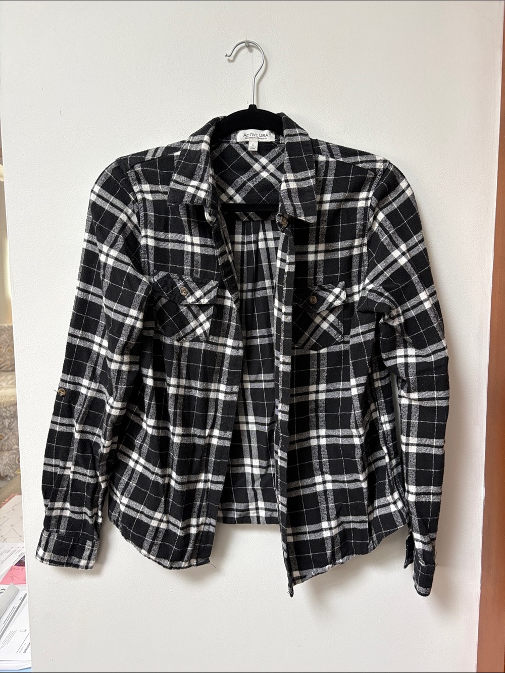 ACTIVE USA Black and White Plaid Button-Down Shirt,Size Large